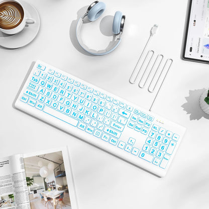 Wagpak Large Print Backlit Keyboard - Wired USB Lighted Computer Keyboard for Laptops,White