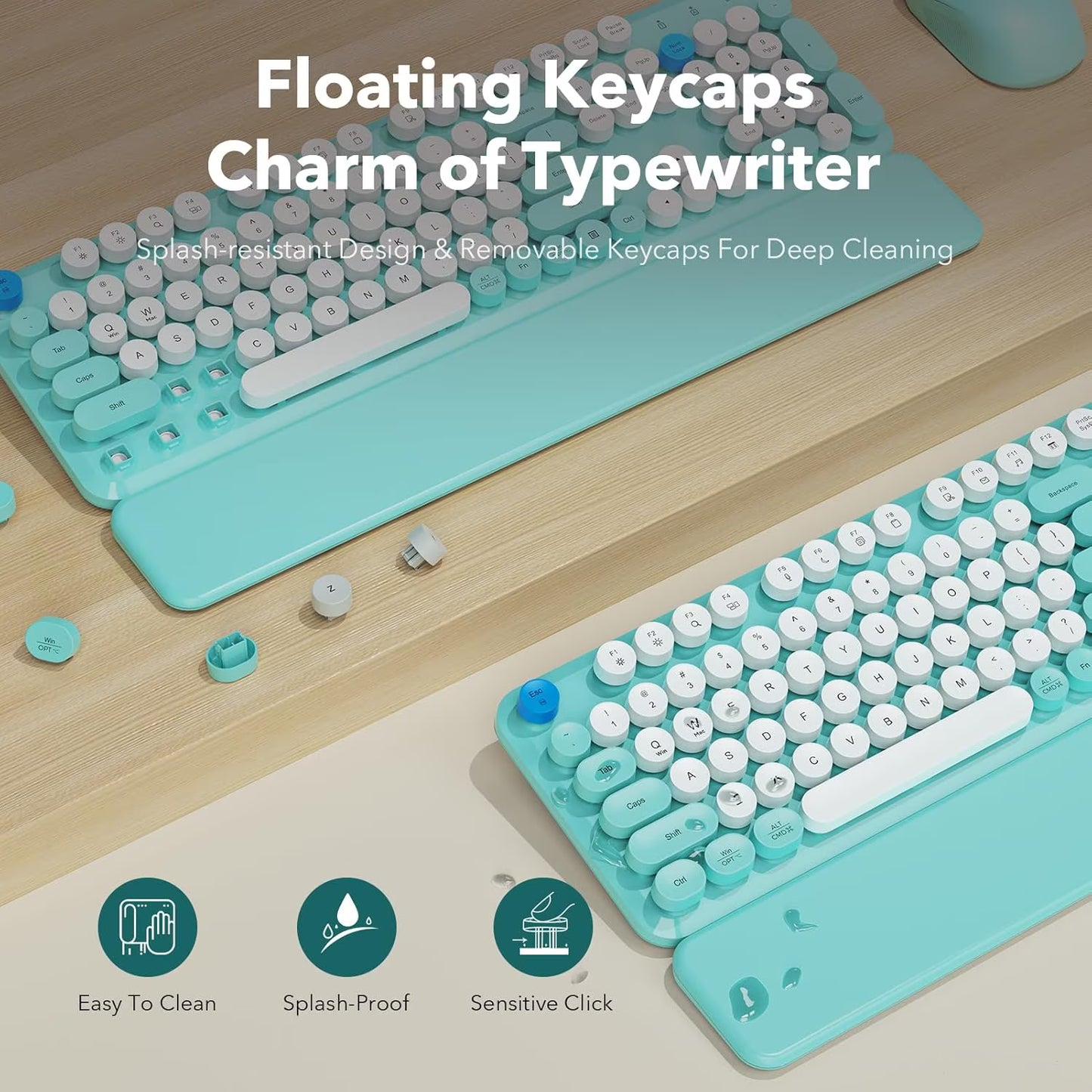 Wireless Keyboard and Mouse Combo, Retro Round Keycaps, Full Size with Detachable Wrist Rest, 2.4G for PC Mac Windows, Dark Blue