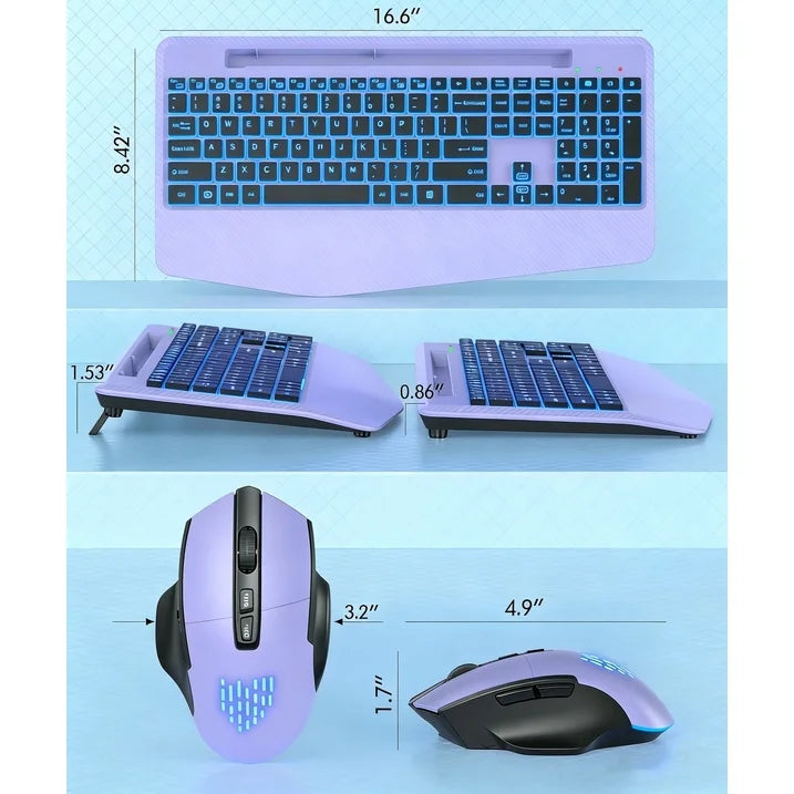 Wireless Keyboard and Mouse Backlit, Rechargeable Ergonomic Keyboard with Wrist Rest, LED Mouse, Phone Holder, Silent for Computer, Mac, PC, Laptop, Chromebook-Purple