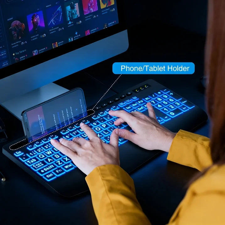 Large Print Wired Backlit Keyboard with 7-Color Backlight, Wrist Rest, Phone Holder, Oversized Keys, USB Plug & Play for PC Laptop Desktop Windows, Black