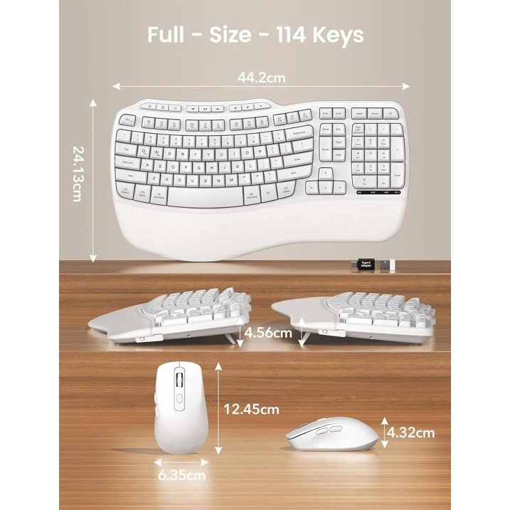 Ergonomic Wireless Keyboard and Mouse Combo, 2.4G Full Size Wave Keyboard with Cushioned Palm Rest, 3 DPI Adjustable Mouse, USB-A & C Compatible with Computer, Laptop, Mac & Tablet
