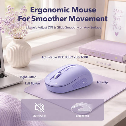 Wireless Keyboard and Mouse Combo, Retro Round Keycaps, Full Size with Detachable Wrist Rest, 2.4G for PC, Lavender Purple