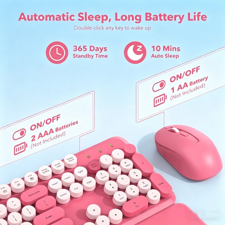 Wireless Keyboard and Mouse Combo, Retro Round Keycaps, Full Size with Detachable Wrist Rest, 2.4G for PC Mac Windows, Pink
