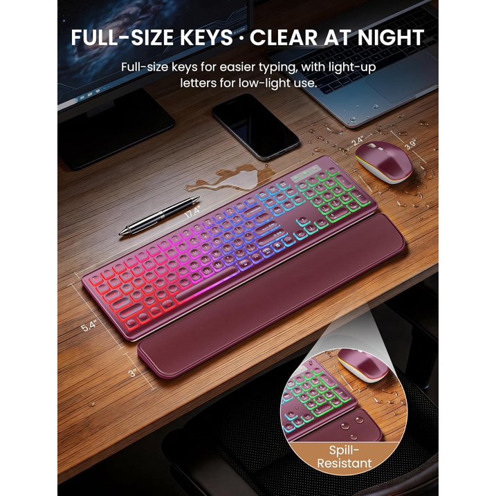 Wireless Keyboard and Mouse Combo, Rechargeable RGB Backlit with Light Up Letters, for Mac, Windows, PC & Laptop, Berry Red