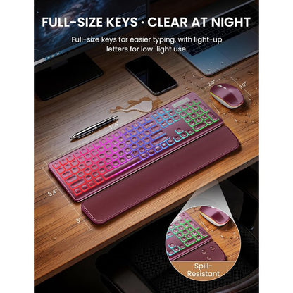 Wireless Keyboard and Mouse Combo, Rechargeable RGB Backlit with Light Up Letters, for Mac, Windows, PC & Laptop, Berry Red