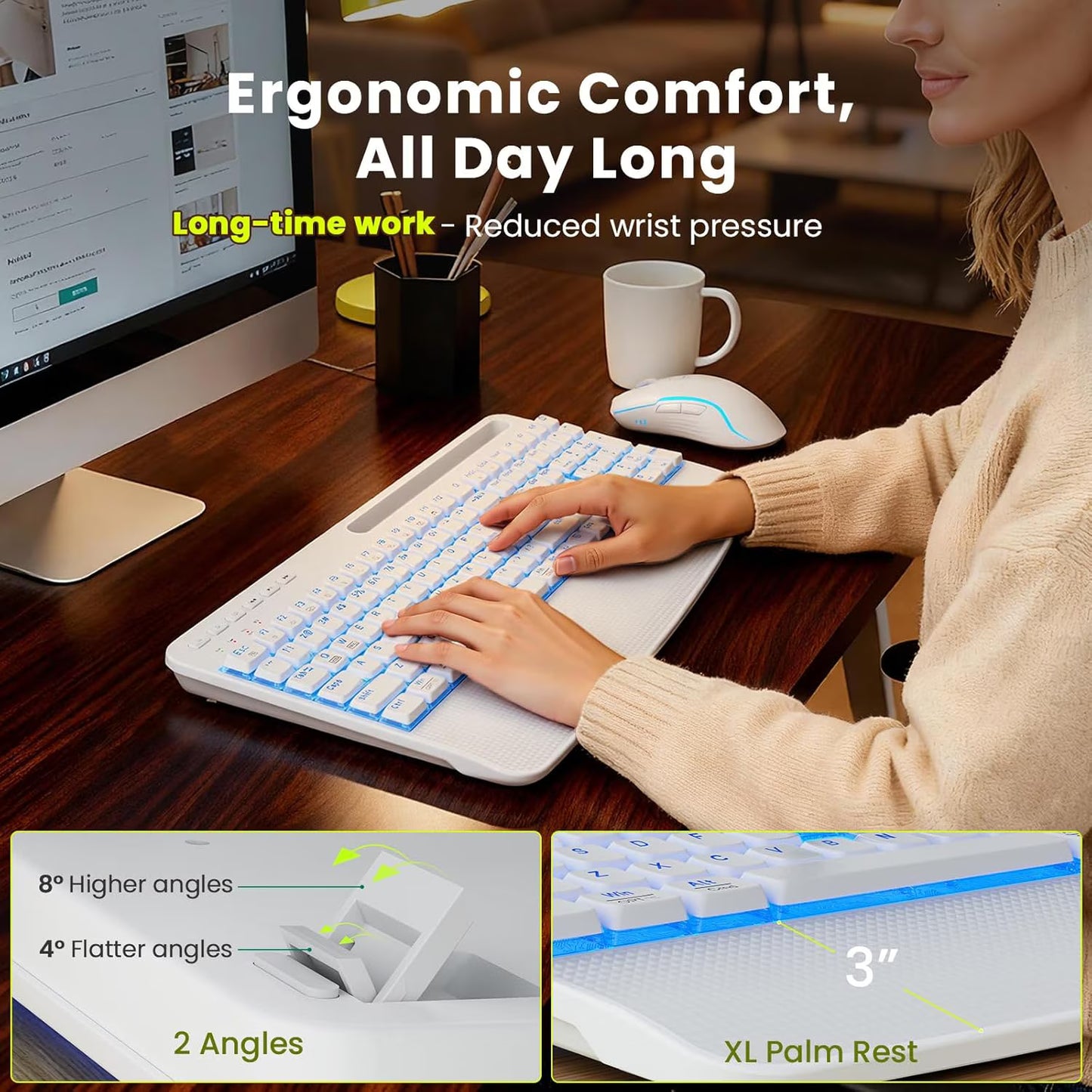 Rechargeable Backlit Wireless Keyboard and Mouse Combo, Ergonomic with Wrist Rest & Phone Holder, Silent for Windows/Mac/Chrome OS - Cloud White