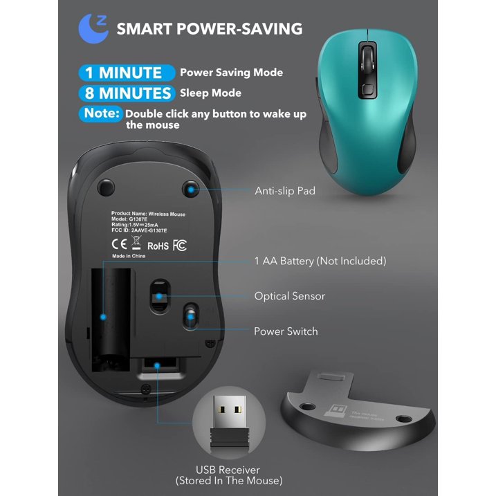 Wireless Mouse for Laptop, Ergonomic Silent Computer Mouse with USB & USB-C, 3 DPI 6 Buttons,Teal