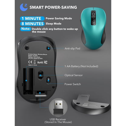 Wireless Mouse for Laptop, Ergonomic Silent Computer Mouse with USB & USB-C, 3 DPI 6 Buttons,Teal