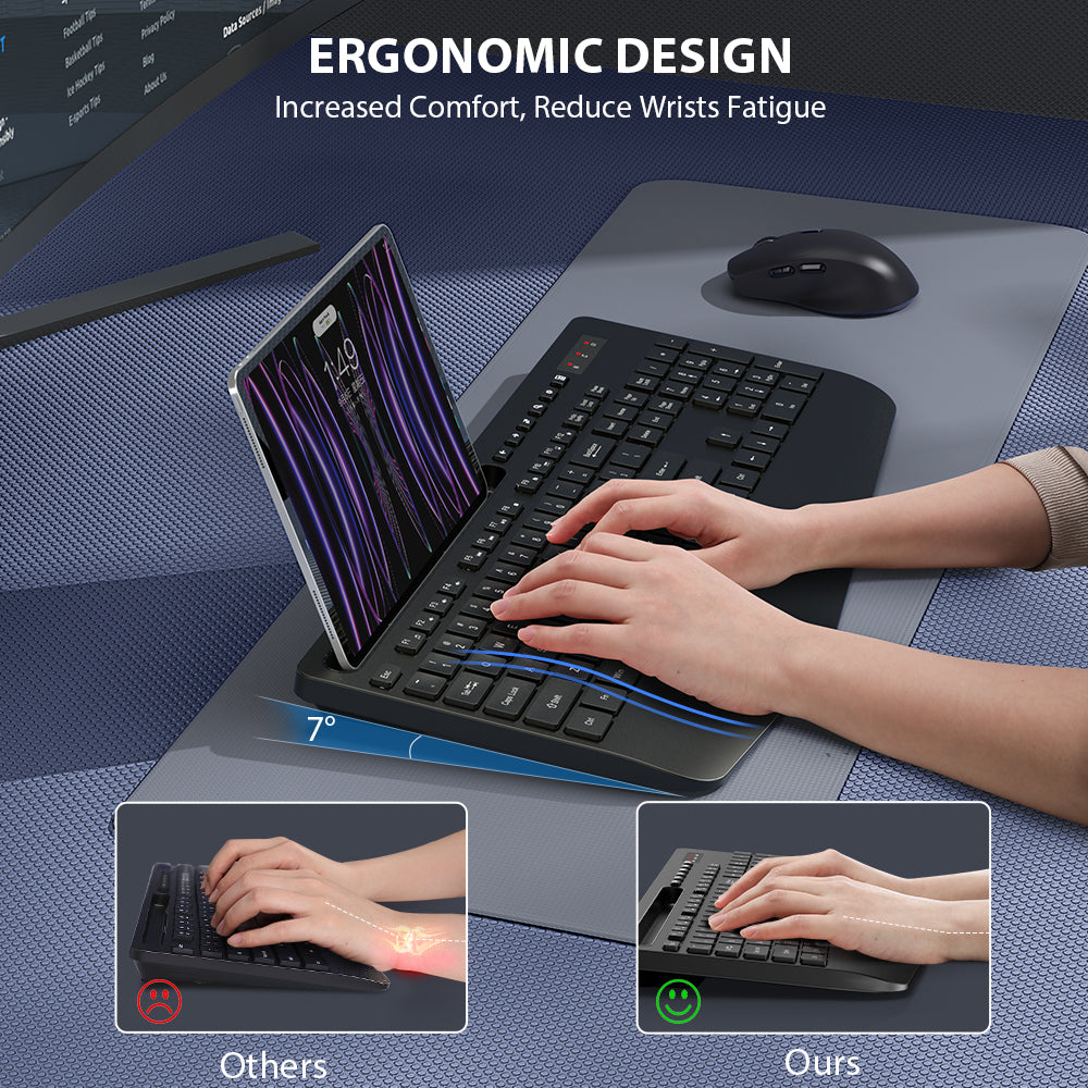 Wireless Keyboard and Mouse Combo -Wrist Rest Ergonomic Keyboard with Phone Holder