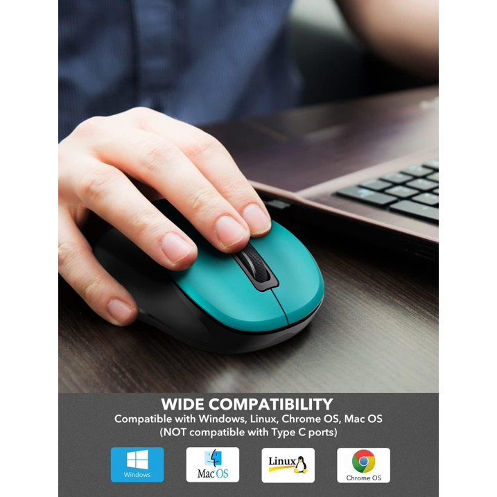 Wireless Mouse for Laptop, Ergonomic Silent Computer Mouse with USB & USB-C, 3 DPI 6 Buttons,Teal