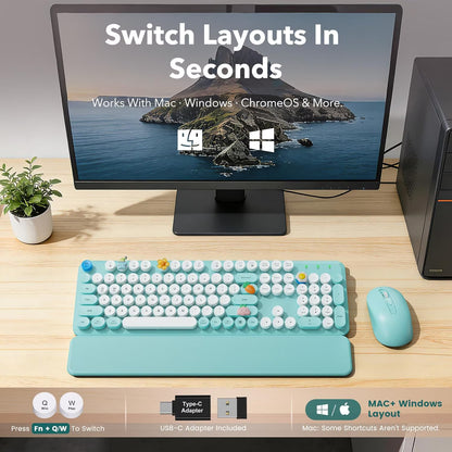Wireless Keyboard and Mouse Combo, Retro Round Keycaps, Full Size with Detachable Wrist Rest, 2.4G for PC Mac Windows, Dark Blue