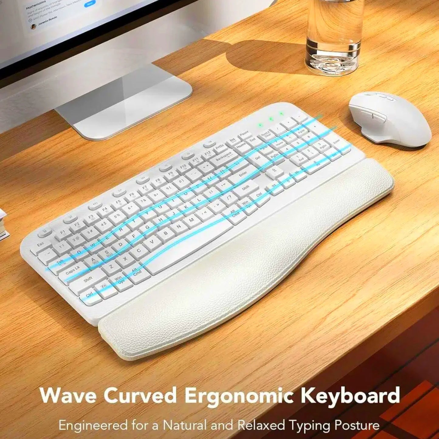 Ergonomic Wireless Keyboard and Mouse Combo, Leather Cushioned Palm Rest, Wave Keys, Silent Typing, 2.4G Lag-Free-Wagpak-White
