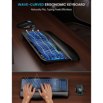 Wireless Keyboard and Mouse Combo, Ergonomic Wave Keyboard with Wrist Rest, RGB Backlit, Rechargeable, Dual System Compatible