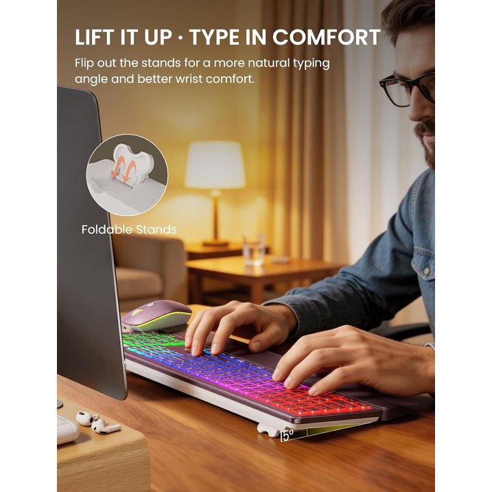 Wireless Keyboard and Mouse Combo, Rechargeable RGB Backlit with Light Up Letters, for Mac, Windows, PC & Laptop, Berry Red
