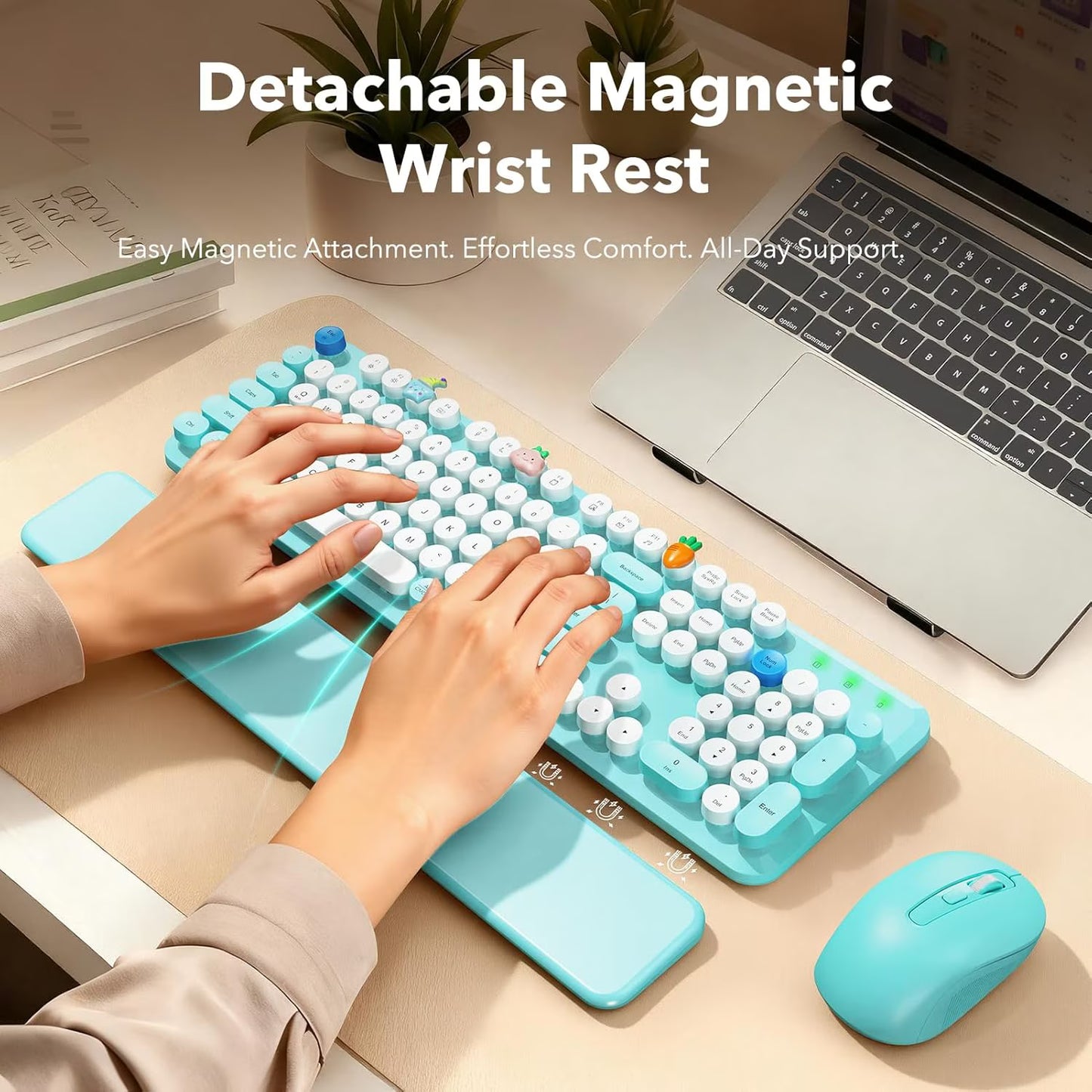 Wireless Keyboard and Mouse Combo, Retro Round Keycaps, Full Size with Detachable Wrist Rest, 2.4G for PC Mac Windows, Dark Blue