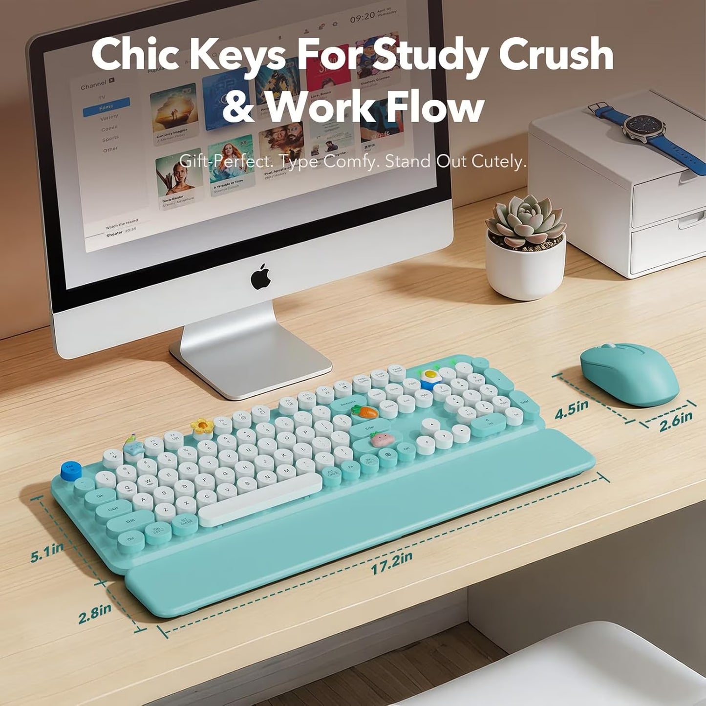 Wireless Keyboard and Mouse Combo, Retro Round Keycaps, Full Size with Detachable Wrist Rest, 2.4G for PC Mac Windows, Dark Blue