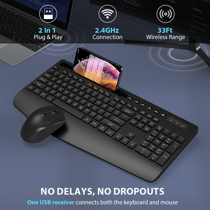 Wireless Keyboard and Mouse Combo -Wrist Rest Ergonomic Keyboard with Phone Holder