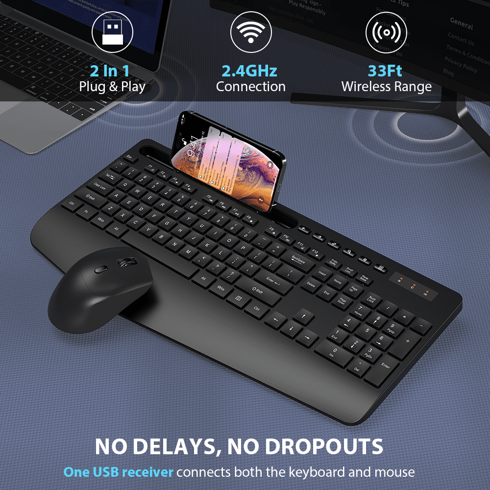 Ergonomic Wireless Keyboard and Mouse Combo with Phone Holder - Full-Sized, Silent, 2.4GHz Cordless Set for PC, Mac, Windows