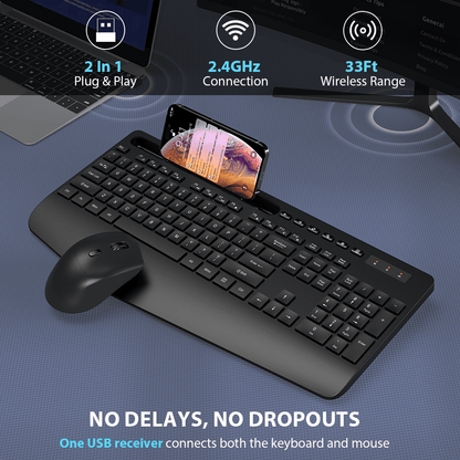 Ergonomic Wireless Keyboard and Mouse Combo with Phone Holder - Full-Sized, Silent, 2.4GHz Cordless Set for PC, Mac, Windows