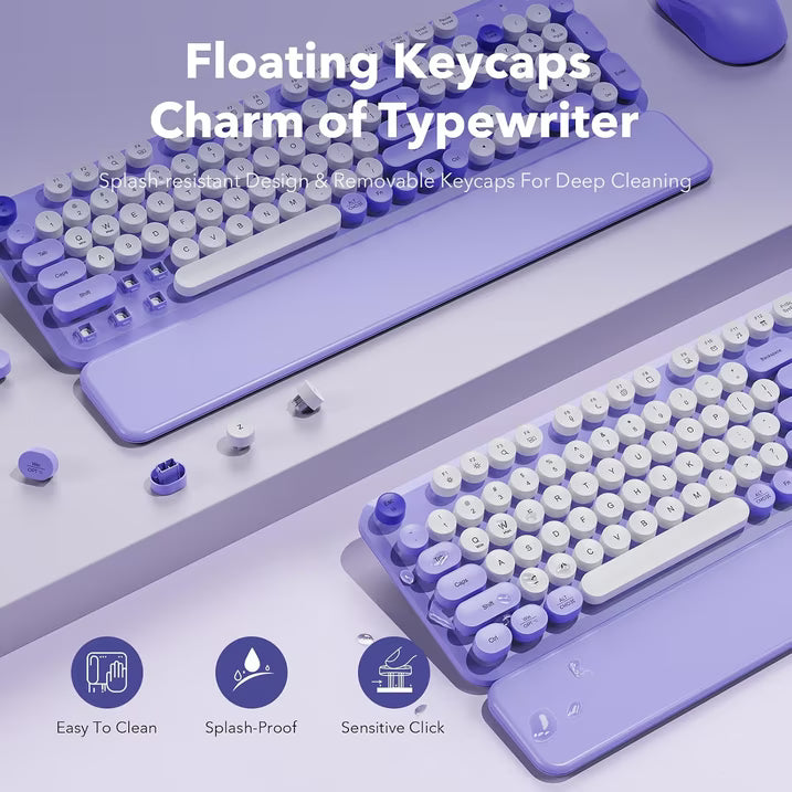 Wireless Keyboard and Mouse Combo, Retro Round Keycaps, Full Size with Detachable Wrist Rest, 2.4G for PC, Lavender Purple
