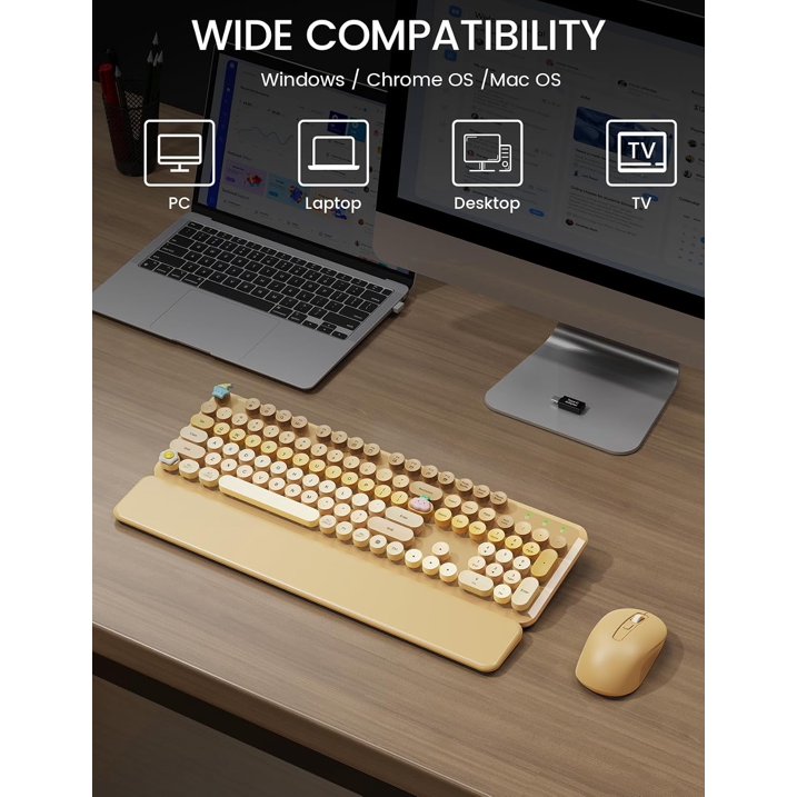 Wireless Keyboard and Mouse Combo, Retro Round Keycaps, Full Size with Detachable Wrist Rest, 2.4G for PC,Ombre Latte Beige