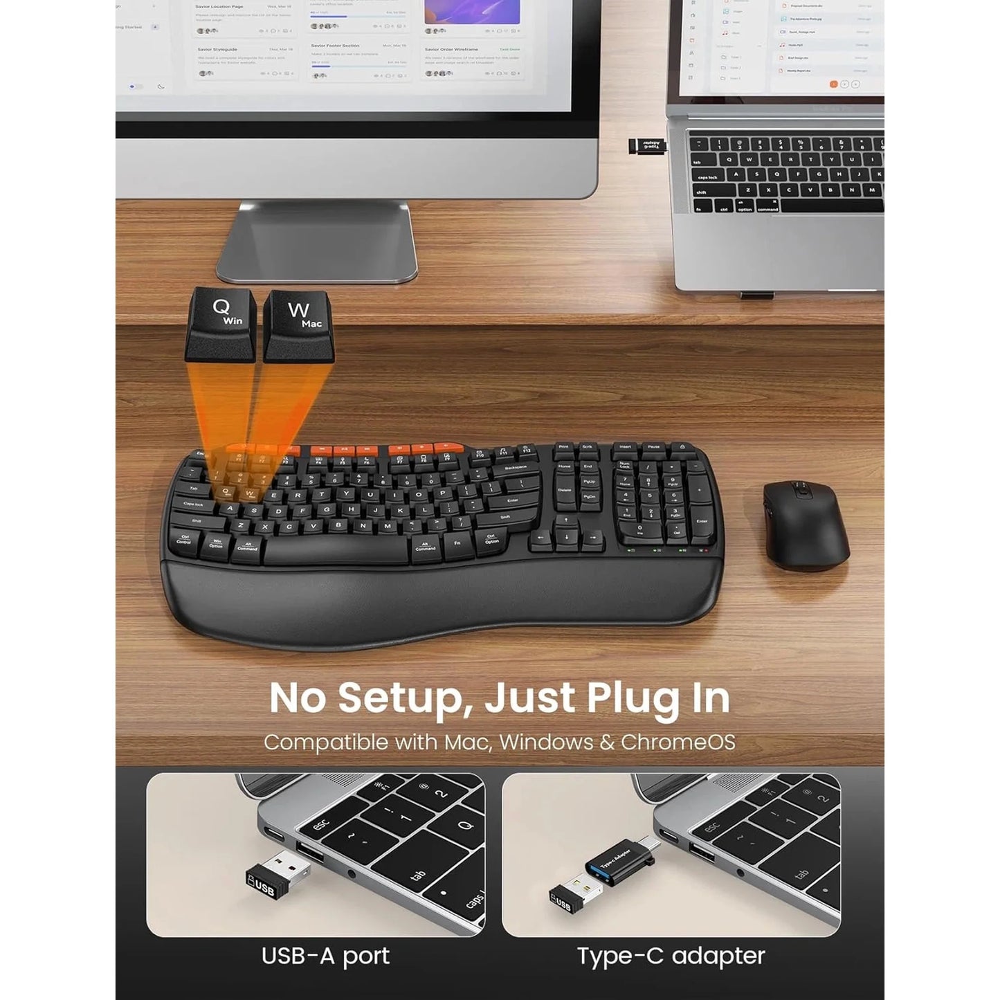 Ergonomic Wireless Keyboard and Mouse Combo, 2.4G Full Size Wave Keyboard with Cushioned Palm Rest, 3 DPI Adjustable Mouse, USB-A & C Compatible with Computer, Laptop, Mac & Tablet