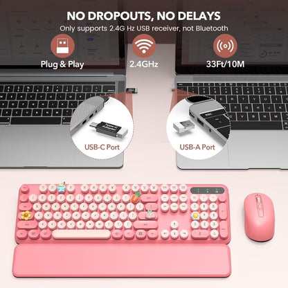 Wireless Keyboard and Mouse Combo, Retro Round Keycaps, Full Size with Detachable Wrist Rest, 2.4G for PC Mac Windows, Light Pink