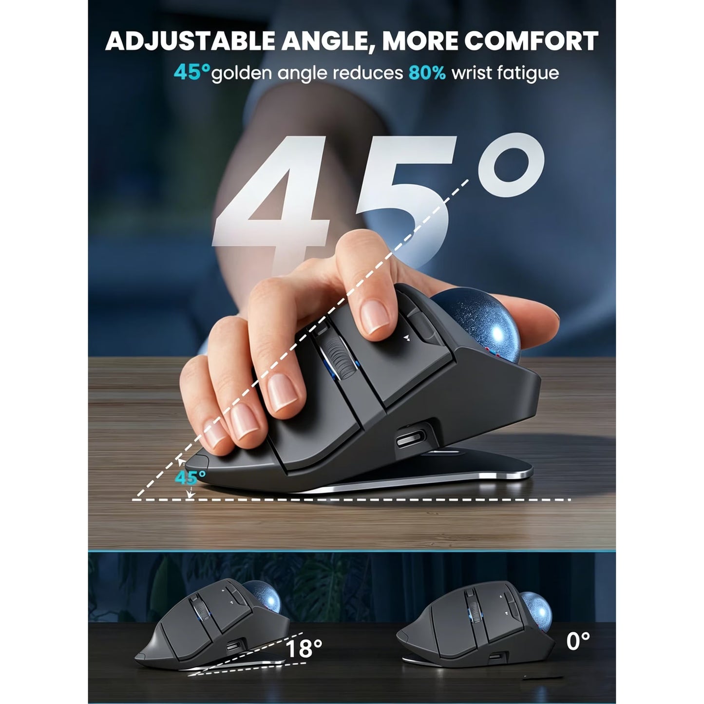 Ergonomic Wireless Trackball Mouse, Adjustable Angle, Thumb Control, Quiet Click, Rechargeable, Multi-Device Bluetooth & USB, for Windows Mac-Grey Ball
