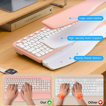 Ergonomic Wireless Keyboard and Mouse Combo, Leather Cushioned Palm Rest, Wave Keys, Silent Typing, 2.4G Lag-Free-Wagpak-Pink