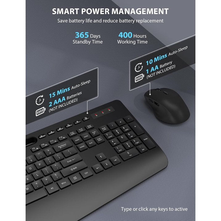 Wireless Keyboard and Mouse Combo 2 Pack Black Full Size 111 Keys QWERTY Ergonomic Wrist Rest 2.4G Quiet for PC Laptop Chromebook