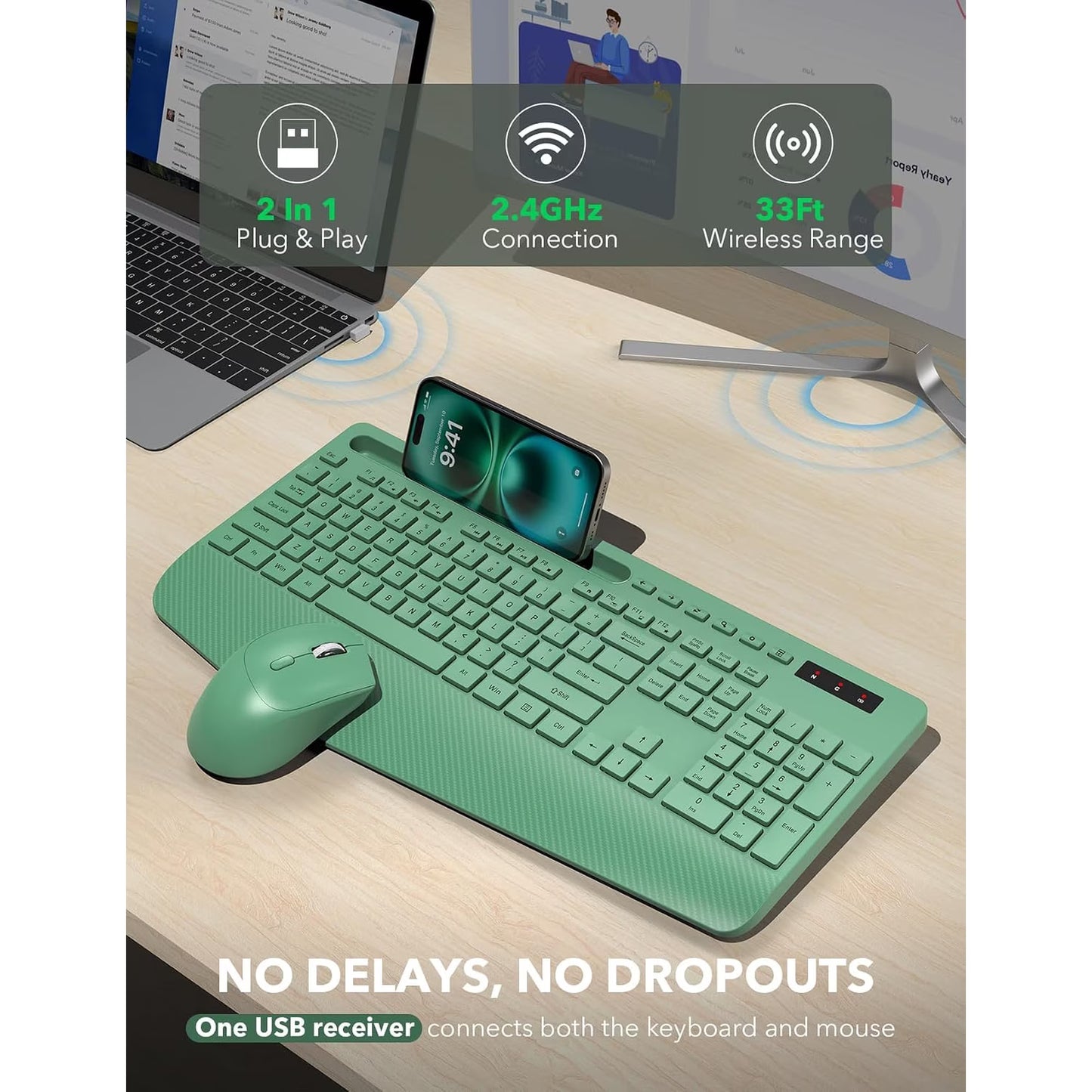 Wireless Keyboard and Mouse Combo, Full-Size Ergonomic Set with Wrist Rest & Phone Holder, 2.4G Wireless Plug & Play for PC, Laptop, Home & Office Use Sage Green