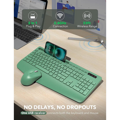 Wireless Keyboard and Mouse Combo, Full-Size Ergonomic Set with Wrist Rest & Phone Holder, 2.4G Wireless Plug & Play for PC, Laptop, Home & Office Use Sage Green