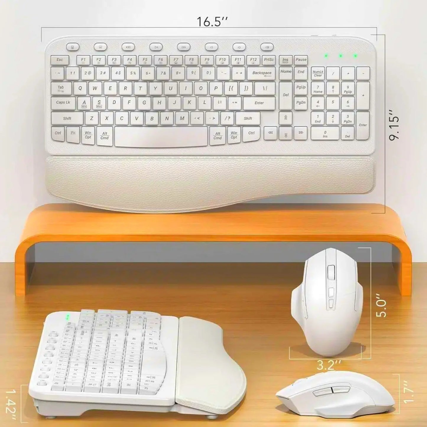 Ergonomic Wireless Keyboard and Mouse Combo, Leather Cushioned Palm Rest, Wave Keys, Silent Typing, 2.4G Lag-Free-Wagpak-White