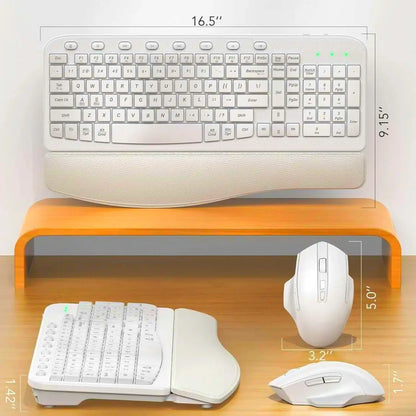 Ergonomic Wireless Keyboard and Mouse Combo, Leather Cushioned Palm Rest, Wave Keys, Silent Typing, 2.4G Lag-Free-Wagpak-White