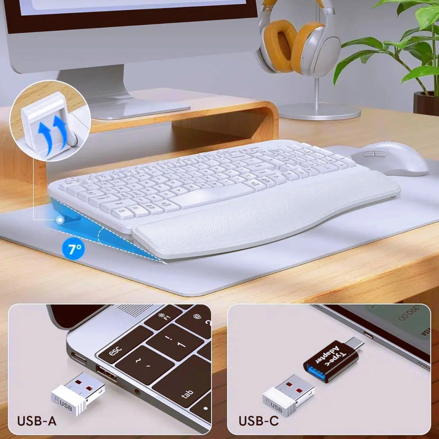 Ergonomic Wireless Keyboard and Mouse Combo, Leather Cushioned Palm Rest, Wave Keys, Silent Typing, 2.4G Lag-Free-Wagpak-White