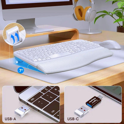 Ergonomic Wireless Keyboard and Mouse Combo, Leather Cushioned Palm Rest, Wave Keys, Silent Typing, 2.4G Lag-Free-Wagpak-White