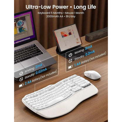 Ergonomic Wireless Keyboard and Mouse Combo, 2.4G Full Size Wave Keyboard with Cushioned Palm Rest, 3 DPI Adjustable Mouse, USB-A & C Compatible with Computer, Laptop, Mac & Tablet