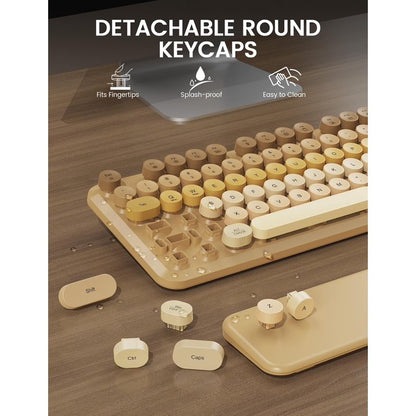 Wireless Keyboard and Mouse Combo, Retro Round Keycaps, Full Size with Detachable Wrist Rest, 2.4G for PC,Ombre Latte Beige