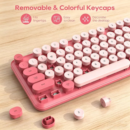 Wireless Keyboard and Mouse Combo, Retro Round Keycaps, Full Size with Detachable Wrist Rest, 2.4G for PC Mac Windows, Pink