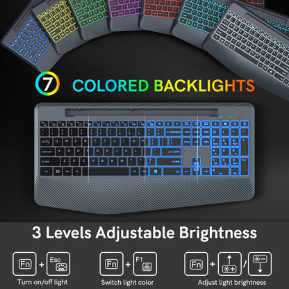 Wireless Keyboard with 7 Colored Backlits, Wrist Rest-Gray