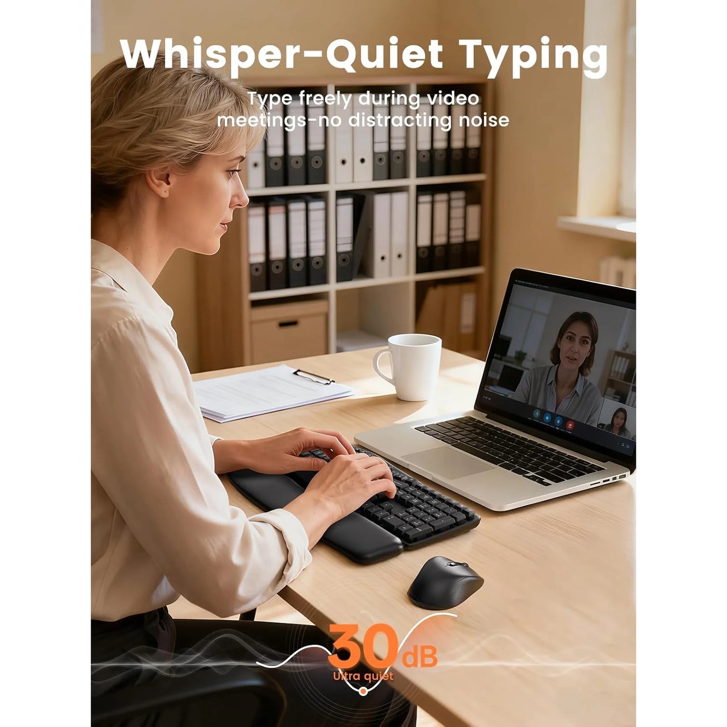 Wireless Keyboard Mouse Combo: 30dB Quiet Wave Keyboard with Leather Palm Rest, Ergonomic Mouse, Dual-System Switch, Plug & Play for Home Office