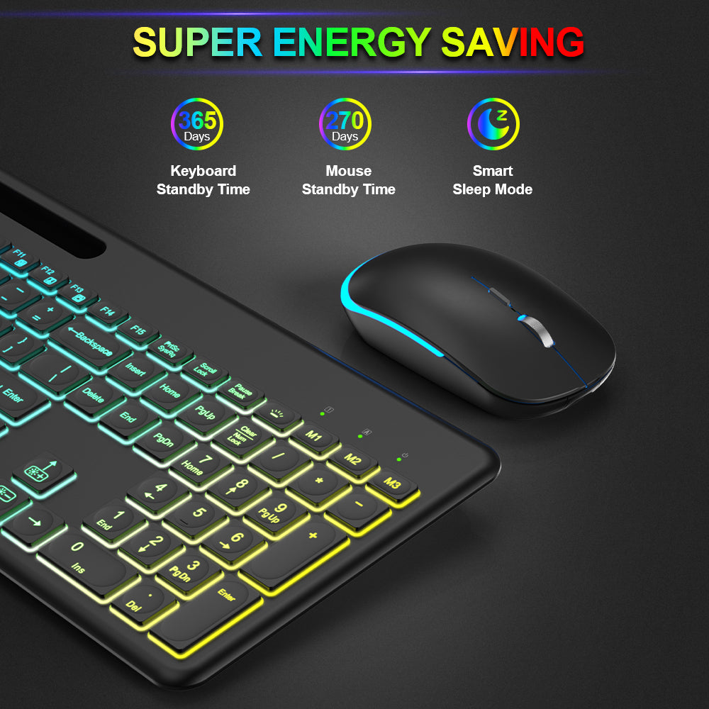 Wireless Keyboard and Mouse, 15 Backlit Effects, Slim Rechargeable Keyboard & Mouse Combo