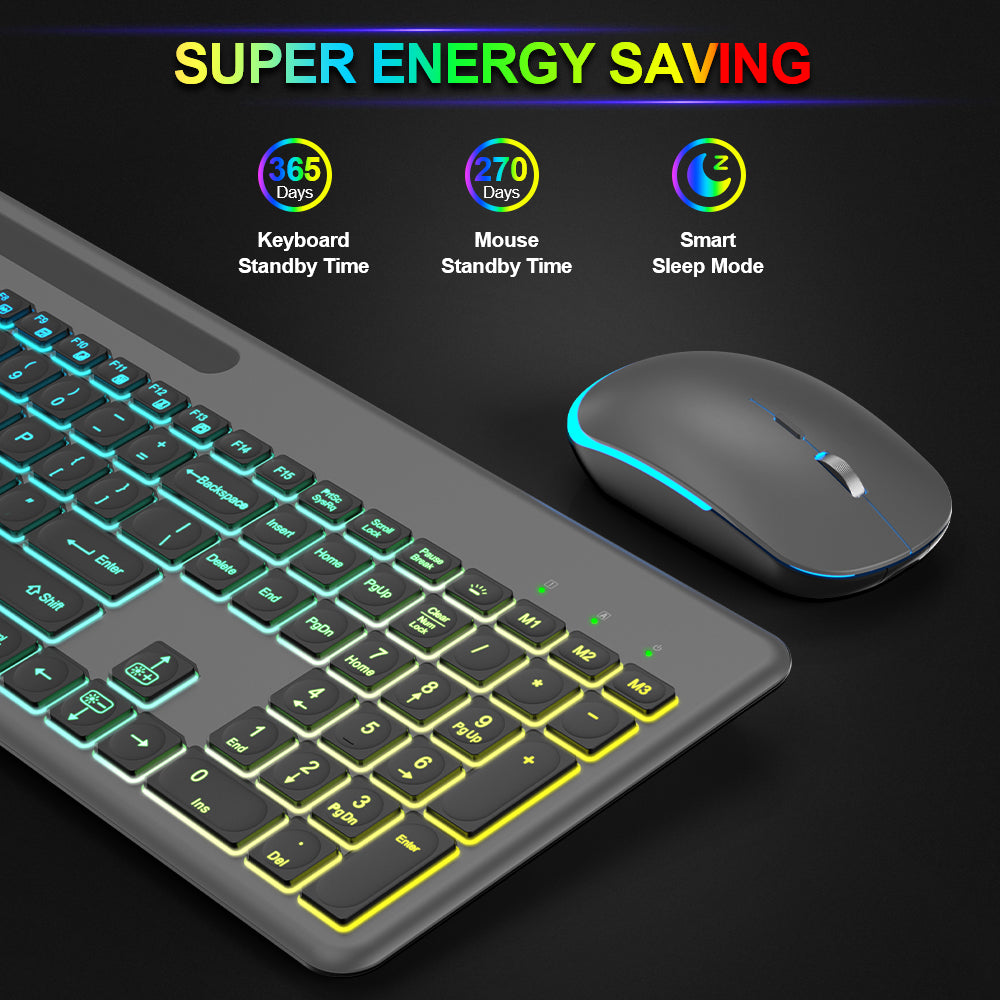 Wireless Keyboard and Mouse, 15 Backlit Effects, Slim Rechargeable Keyboard