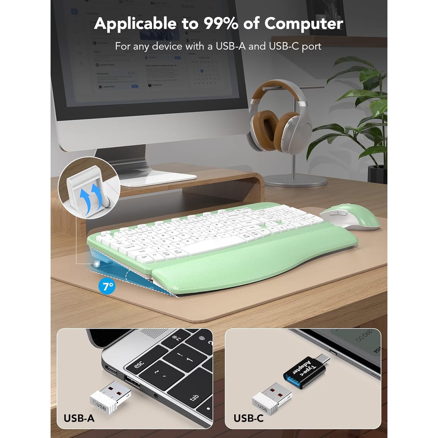 Ergonomic Wireless Keyboard and Mouse Combo, Leather Cushioned Palm Rest, Wave Keys, Silent Typing, 2.4G Lag-Free-Green