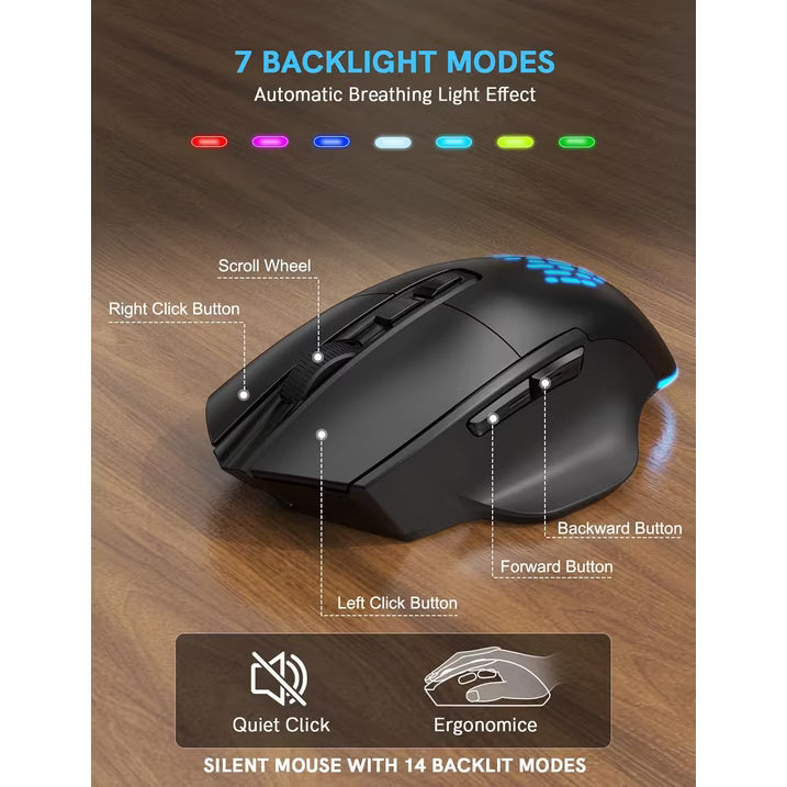 Wireless Keyboard and Mouse Combo - Ergonomic Wave Rechargeable Keyboard with Soft Leather Wrist Rest, RGB Backlit -Black