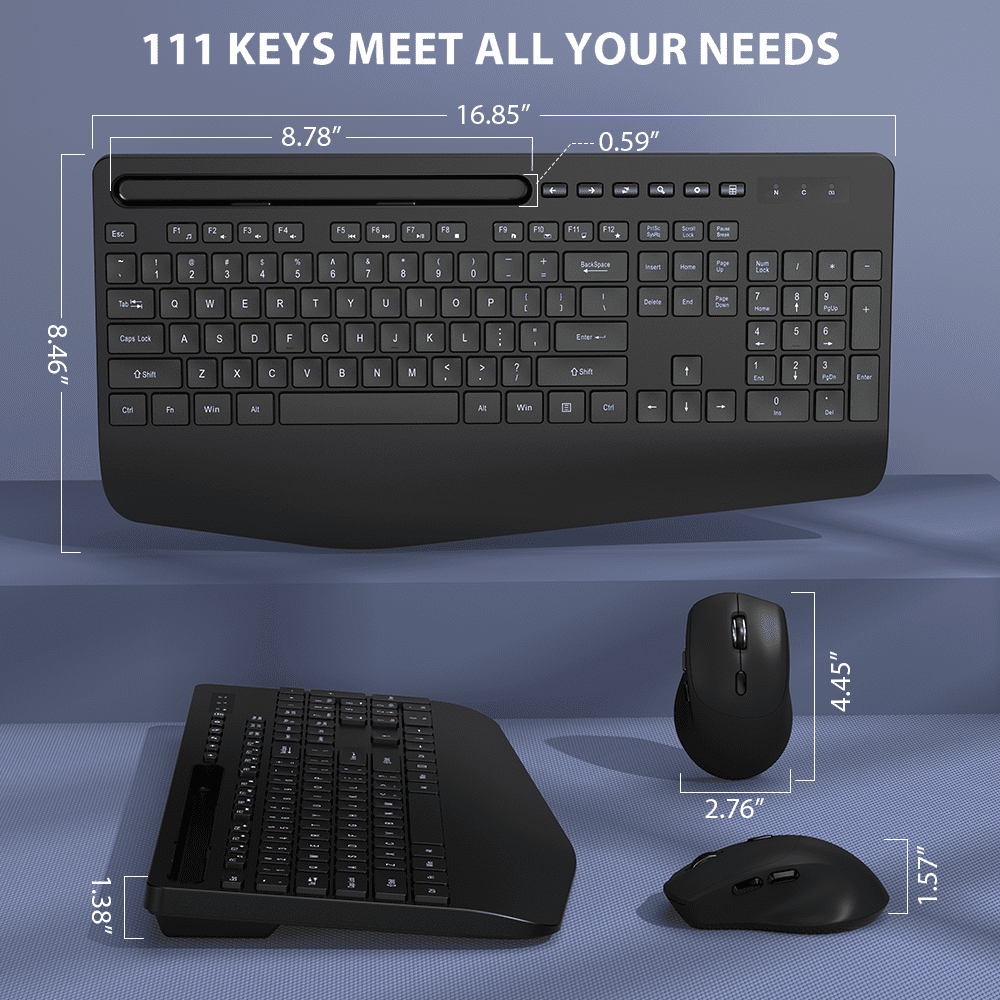 Ergonomic Wireless Keyboard and Mouse Combo with Phone Holder - Full-Sized, Silent, 2.4GHz Cordless Set for PC, Mac, Windows