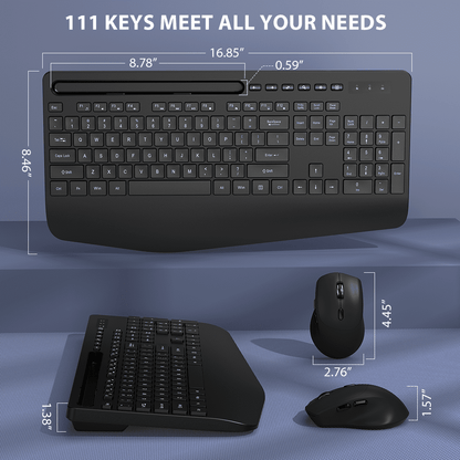 Ergonomic Wireless Keyboard and Mouse Combo with Phone Holder - Full-Sized, Silent, 2.4GHz Cordless Set for PC, Mac, Windows