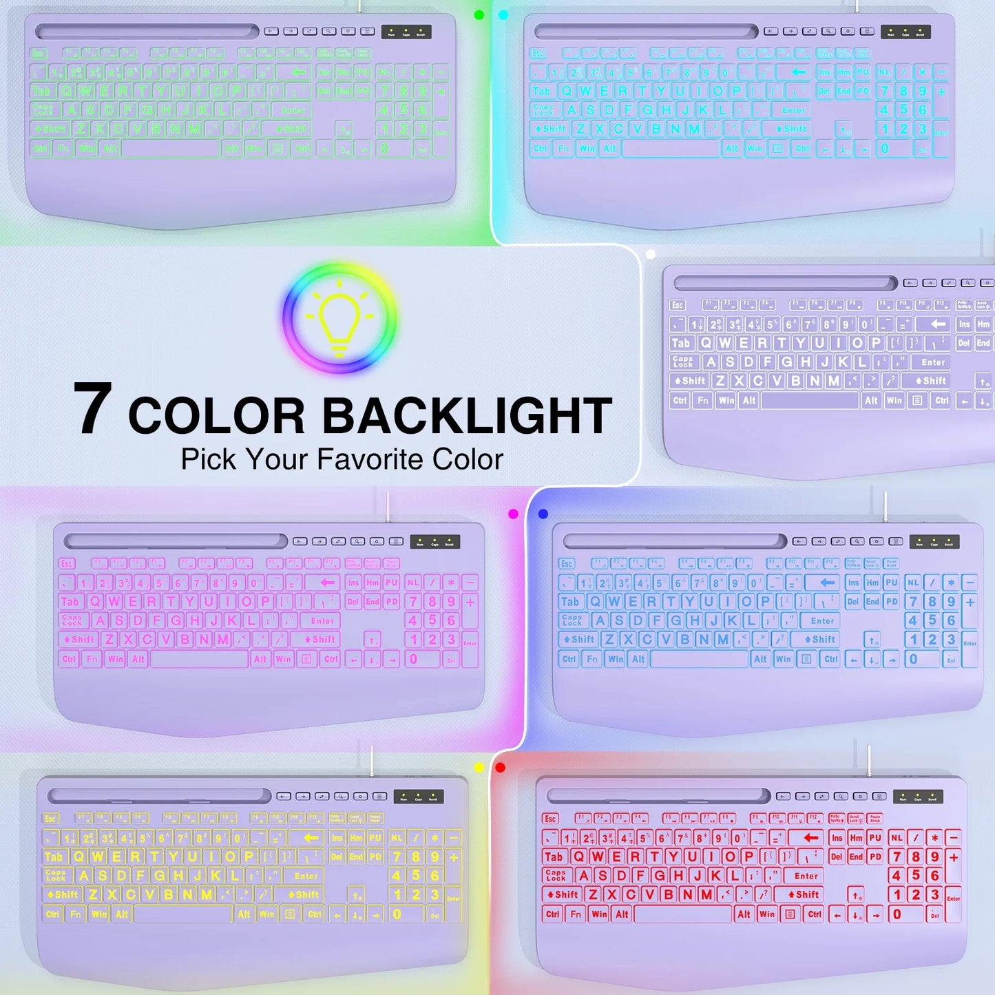 Wagpak Large Print Backlit Wired USB Keyboard (Purple) - with 7-Color Backlight, Wrist Rest, Phone Stand