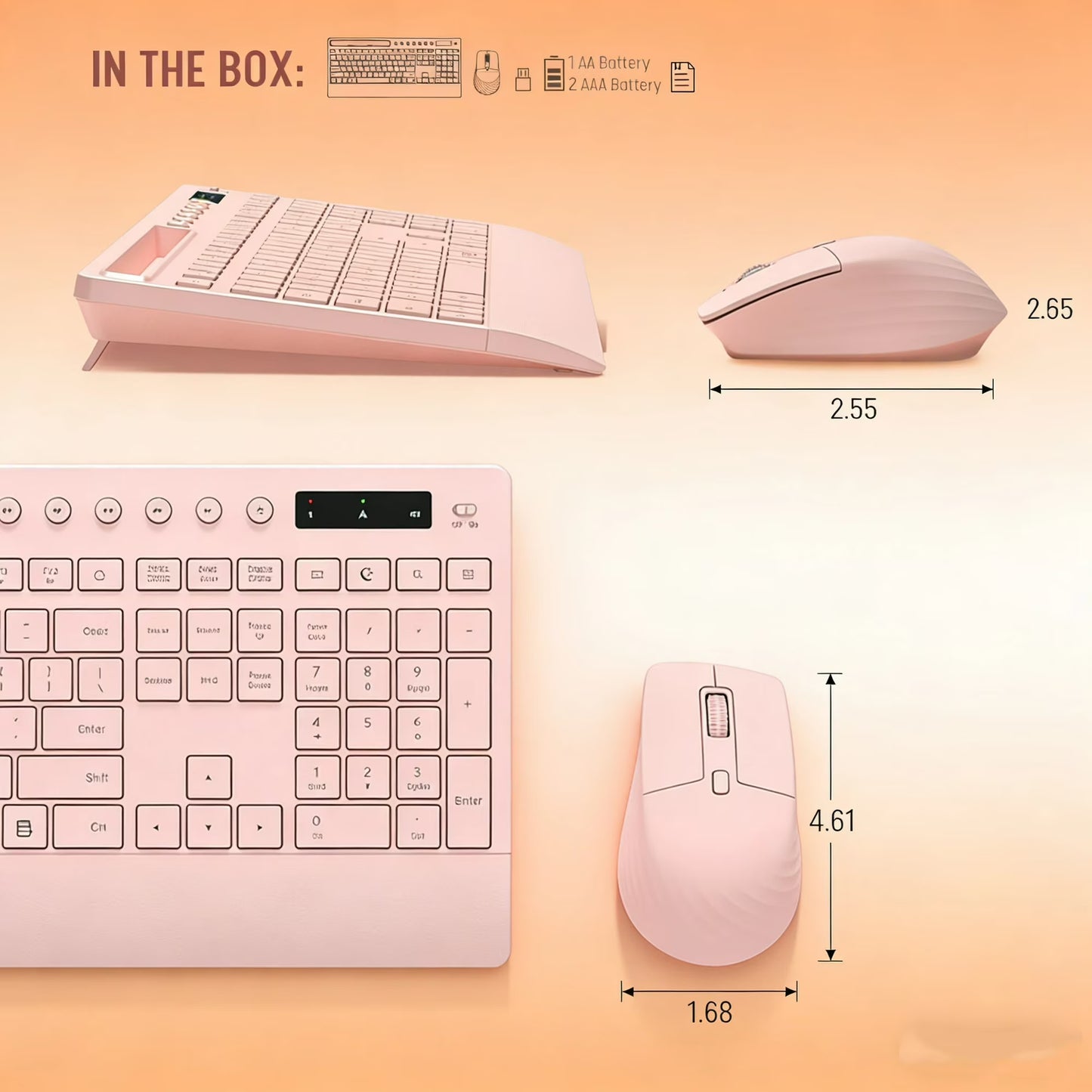 Wireless Keyboard and Mouse Combo with Full-Size Quiet, Palm Rest, Phone Holder, Multimedia Keys, Batteries Included, Compatible with Windows, PC, Laptop - Pink