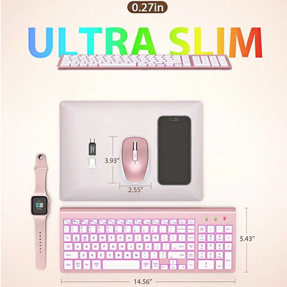 Wireless Keyboard and Mouse Combo - Quiet Backlit Keyboard with RGB Mouse, Rechargeable, Slim, Sleep Mode for Windows, Mac, Laptop - Rose Gold-Wagpak